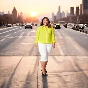 BONGO Junior Blouse 3X Lime Neon Sheer Long Sleeve Button Front Crochet Back NWT